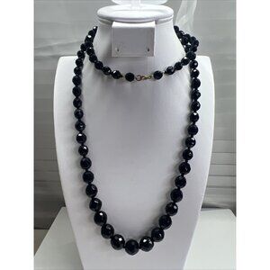 VINTAGE Made Jet Black Necklace diamond cut Beads 11.3 mm Hand Knotted 17"